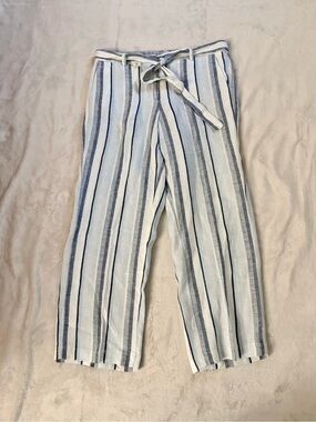 Talbots White and Blue Striped Tie-Waist 100% Linen Pants